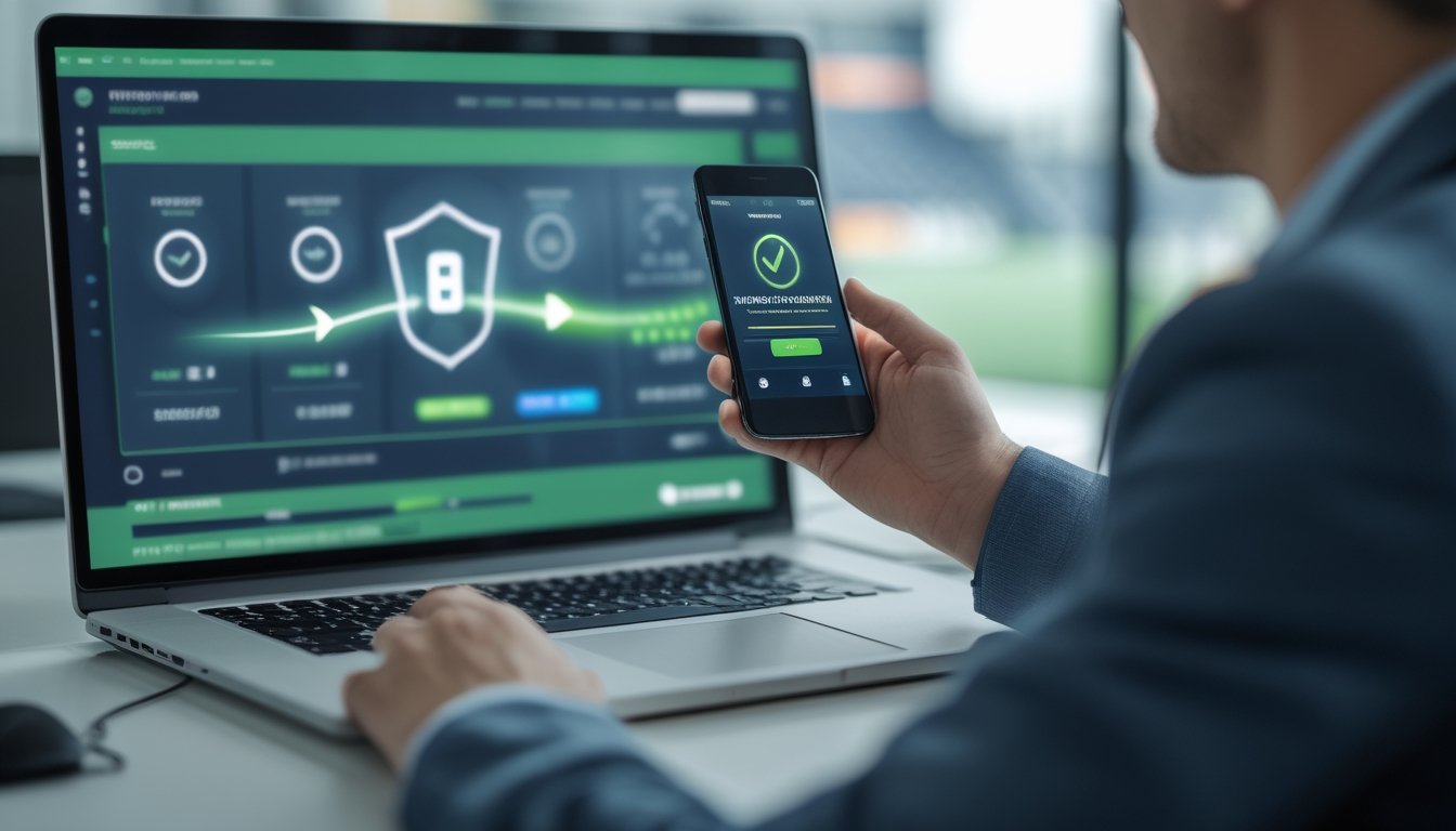 Pengguna mengonfirmasi pencairan dana melalui ponsel dengan simbol keamanan dan pembayaran digital.