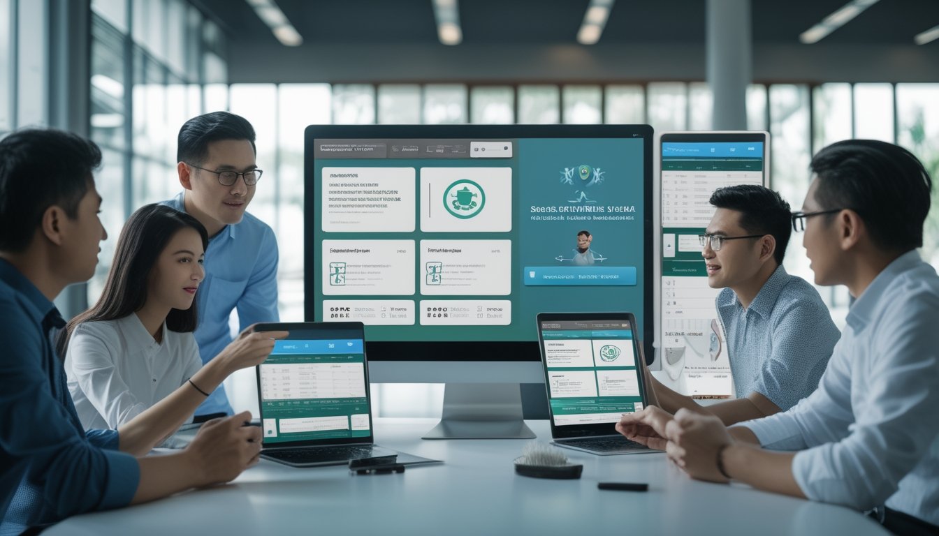 Sekelompok orang membandingkan informasi platform olahraga digital dengan simbol keamanan di sekitar mereka.
