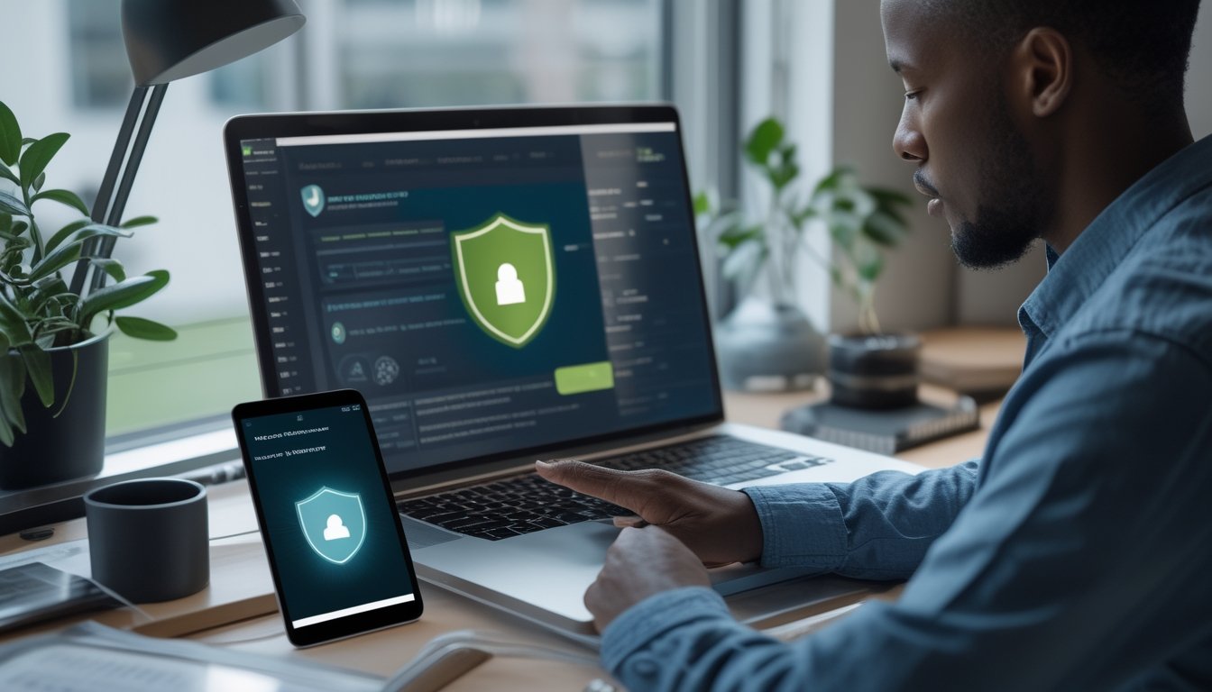 Seseorang meninjau platform taruhan olahraga di laptop dengan dukungan live chat dan simbol keamanan.