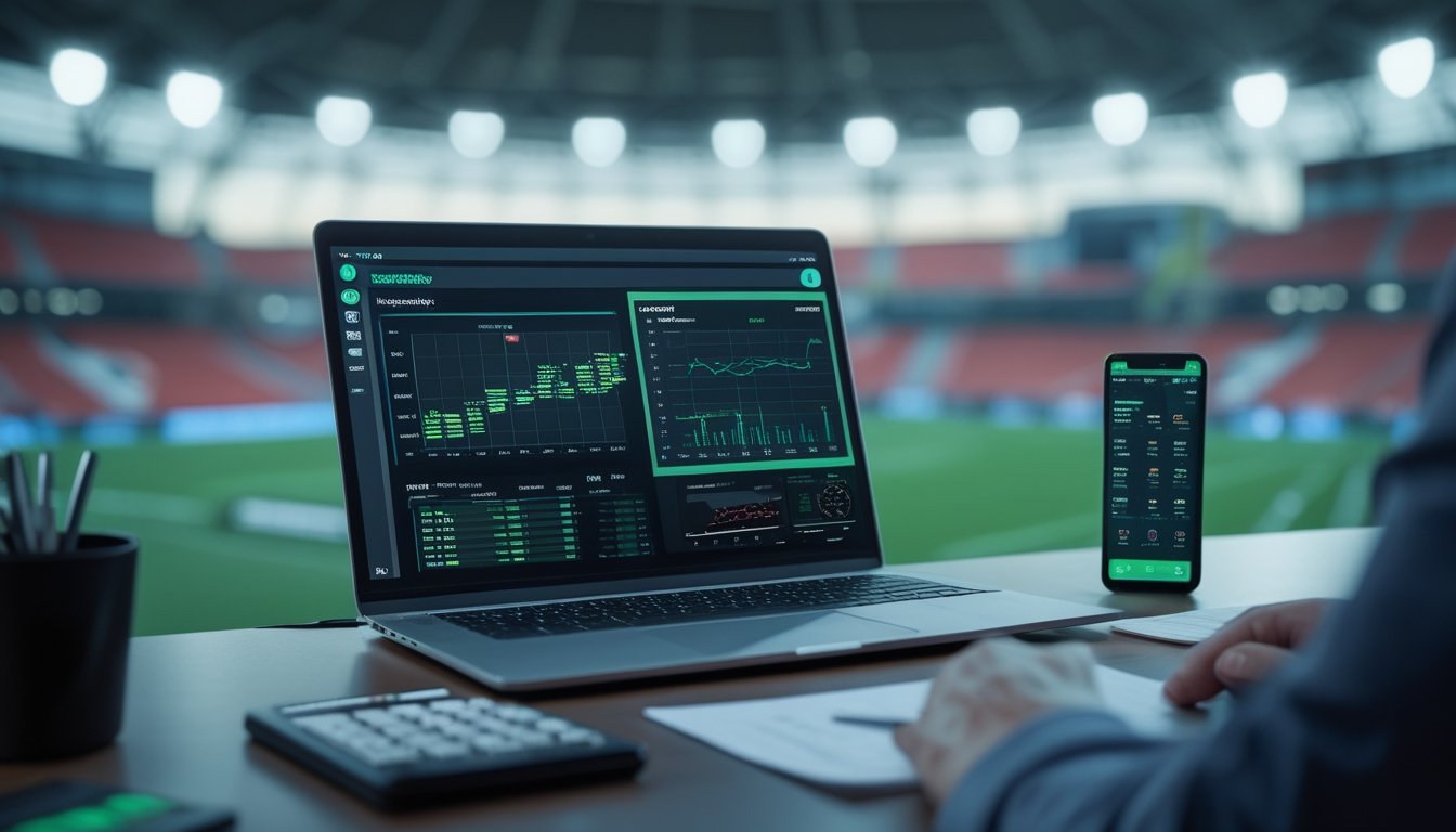 Seorang analis memeriksa statistik olahraga di ruang kerja modern dengan laptop, ponsel, dan suasana stadion yang samar.