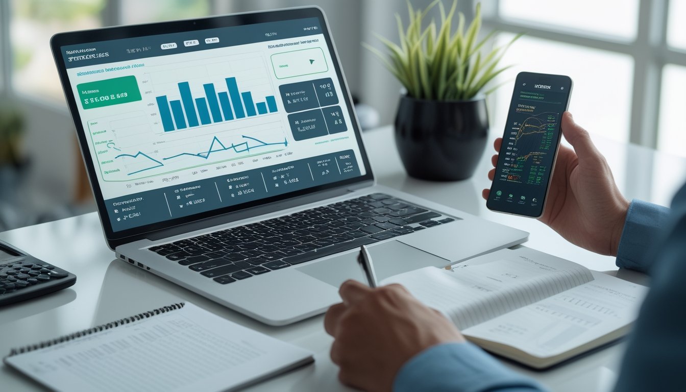 Meja kerja modern dengan laptop dan ponsel yang menampilkan grafik analisis peluang olahraga.