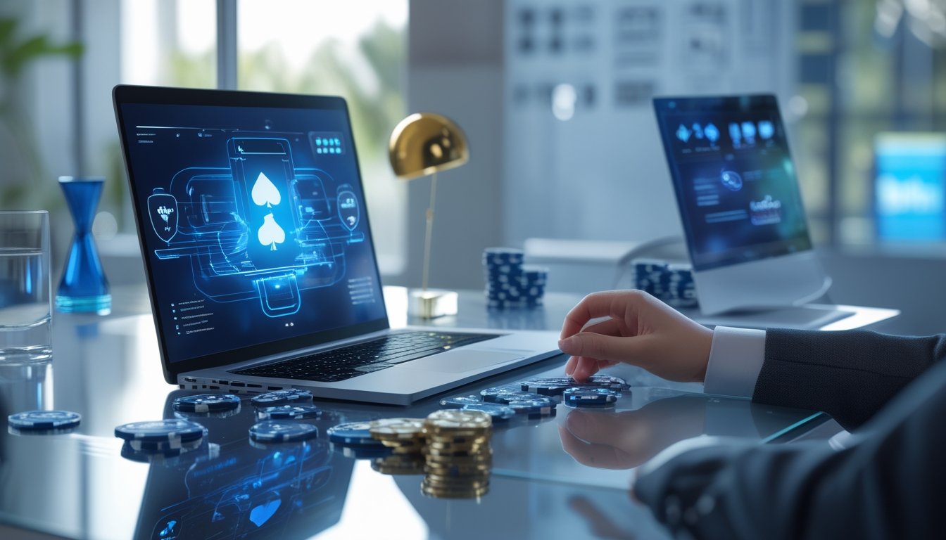 Laptop dan ponsel menampilkan antarmuka hiburan digital dengan kartu dan chip di meja kerja modern.