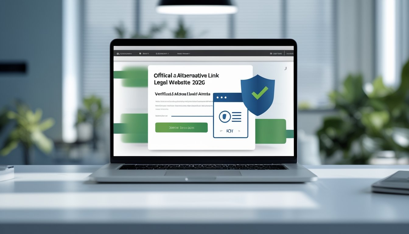 Seorang profesional memeriksa tautan situs dan dokumen legalitas di laptop dengan simbol keamanan.