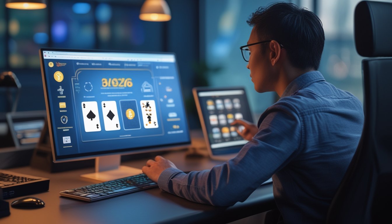 Seseorang menggunakan laptop dan ponsel dengan tampilan permainan kartu digital serta simbol keamanan.