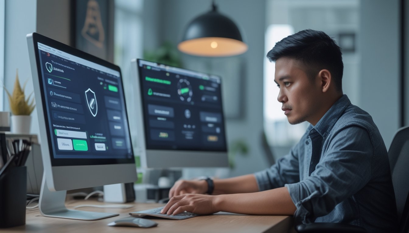 Orang dewasa memeriksa keamanan dan kredibilitas platform digital melalui laptop dan ponsel di ruang kerja modern.