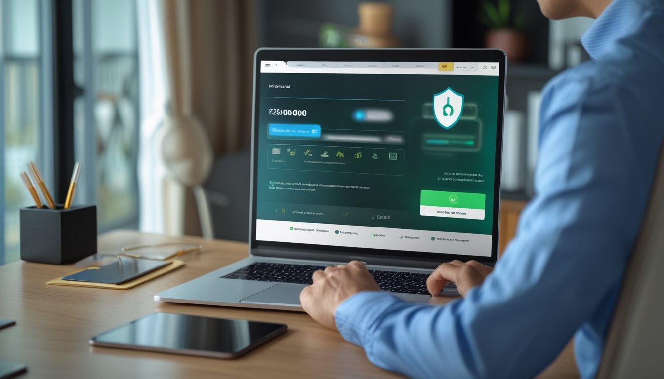 Seseorang menggunakan laptop dan ponsel untuk melakukan transaksi digital dengan aman di ruang kerja modern.