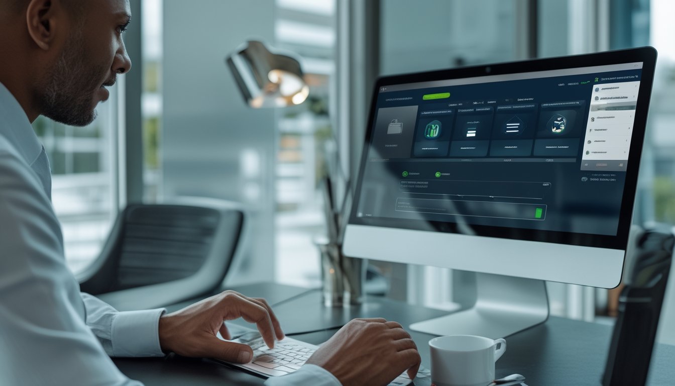 Seseorang memeriksa keamanan dan transaksi pada platform taruhan olahraga daring menggunakan laptop dan ponsel di ruang kerja modern.
