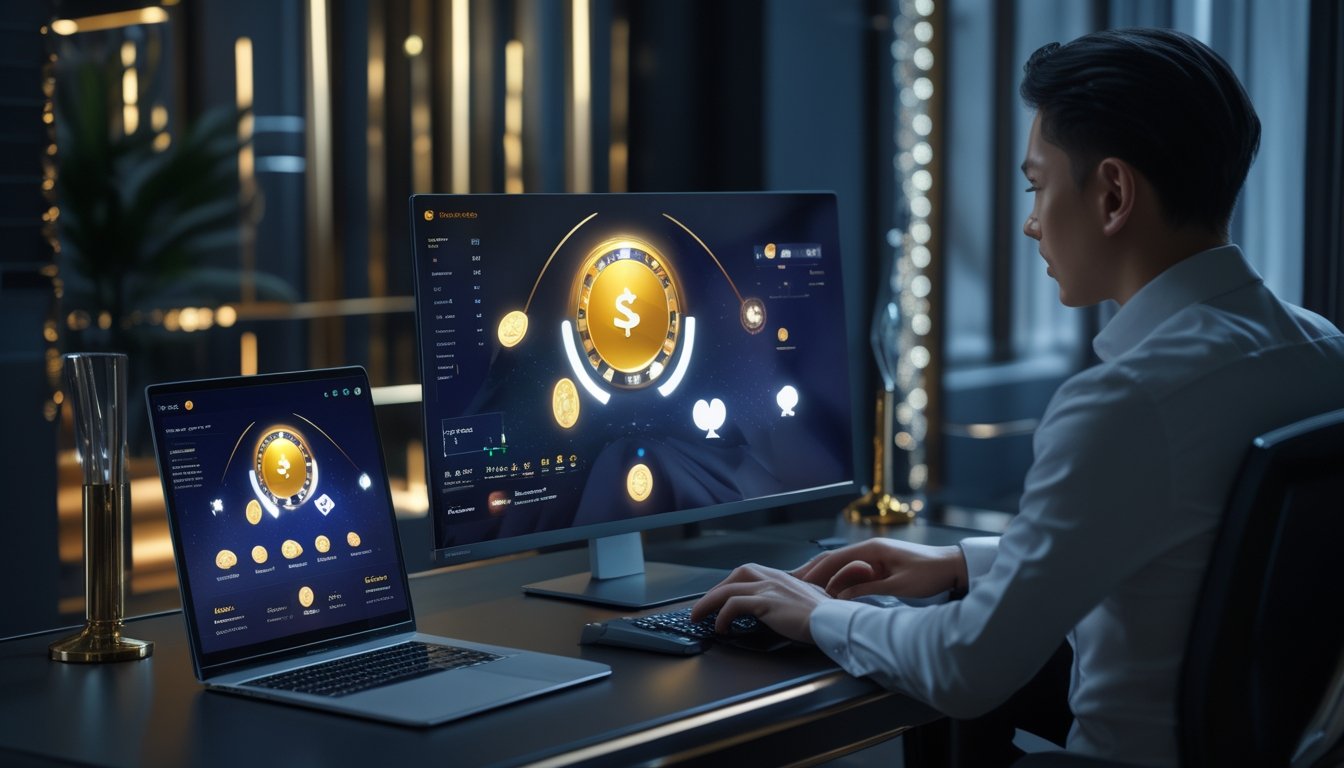 Orang dewasa melihat permainan kartu digital dengan efek jackpot bercahaya di laptop dan ponsel.