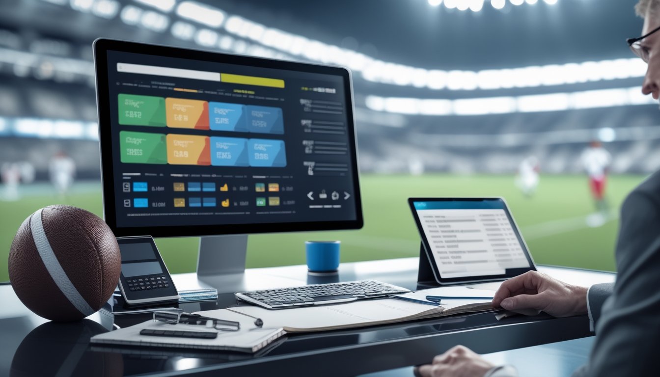 Analis olahraga membahas data pertandingan sepak bola dengan grafik handicap dan over under di ruang kerja modern.