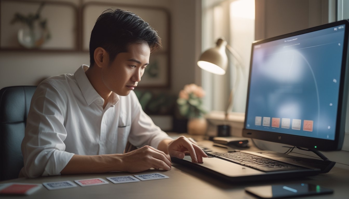 Orang dewasa mempelajari permainan kartu di meja dengan laptop dan ponsel di dekatnya.