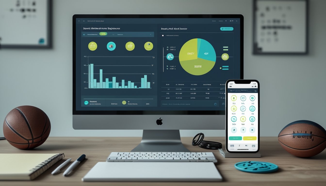 Meja kerja modern dengan laptop dan ponsel yang menampilkan grafik analisis olahraga, disertai buku catatan, kalkulator, dan beberapa bola olahraga.