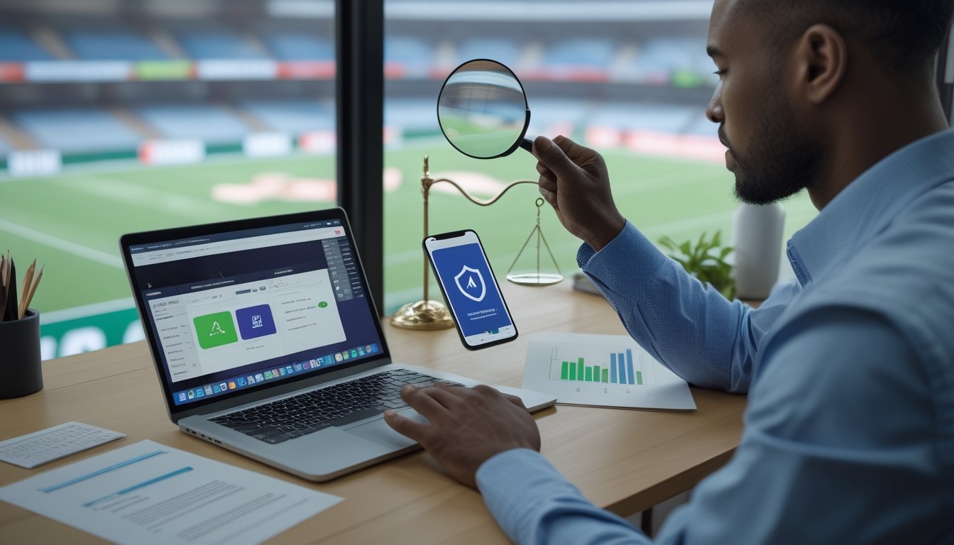 Seorang analis memeriksa platform olahraga daring di laptop dengan simbol keamanan dan verifikasi di meja kerja.