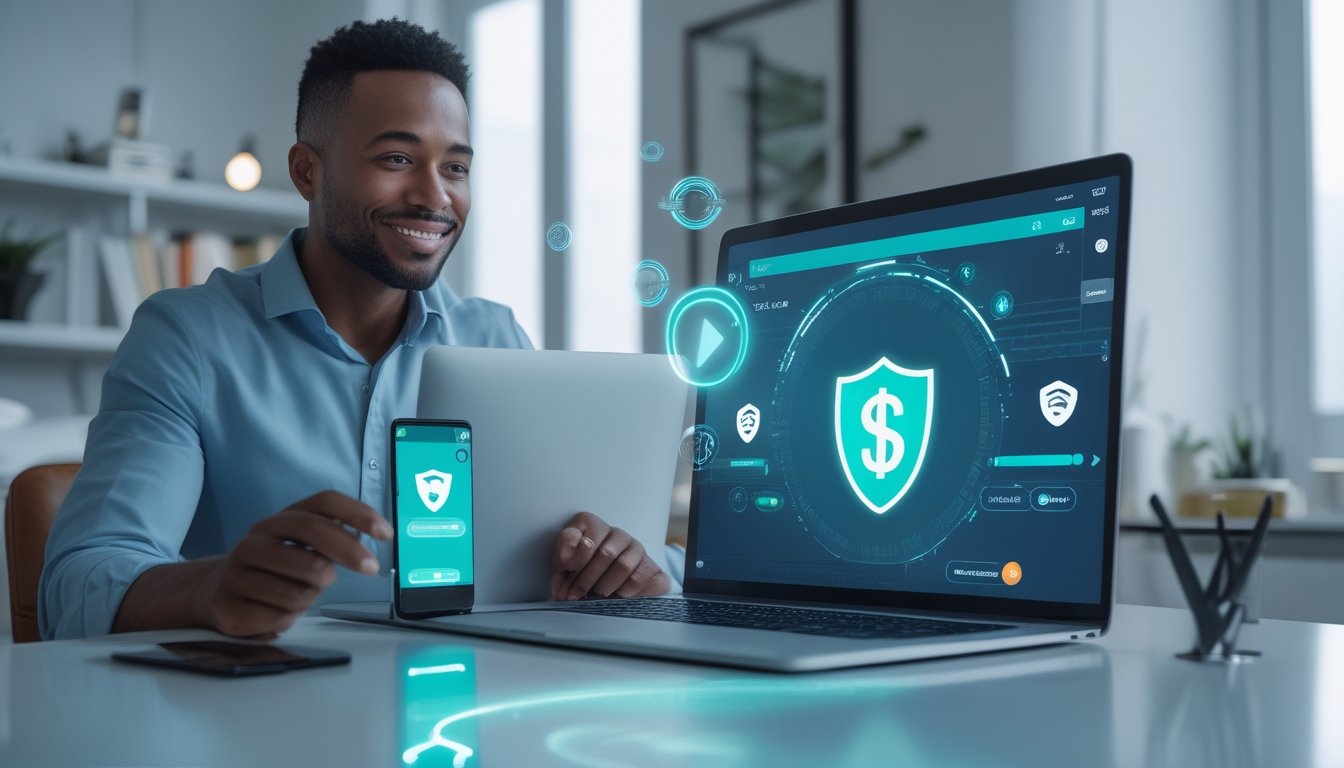 Seseorang menggunakan laptop dan ponsel untuk melakukan penarikan dana digital dengan cepat dan aman.