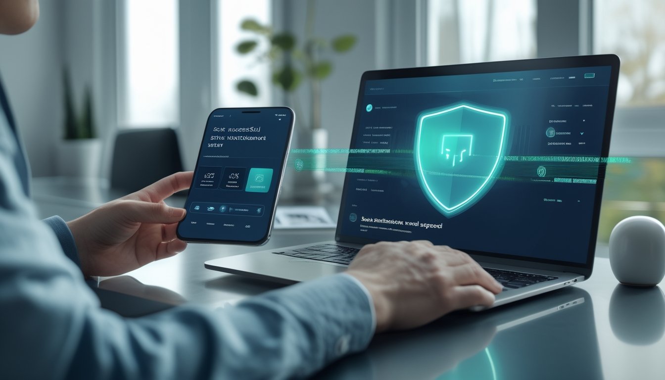 Seseorang memeriksa proses penarikan dana digital yang aman dan cepat melalui laptop dan ponsel di ruang kerja modern.