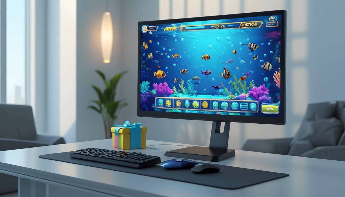 Komputer menampilkan permainan arcade bawah laut dengan ikan warna-warni dan hadiah kecil di sampingnya.