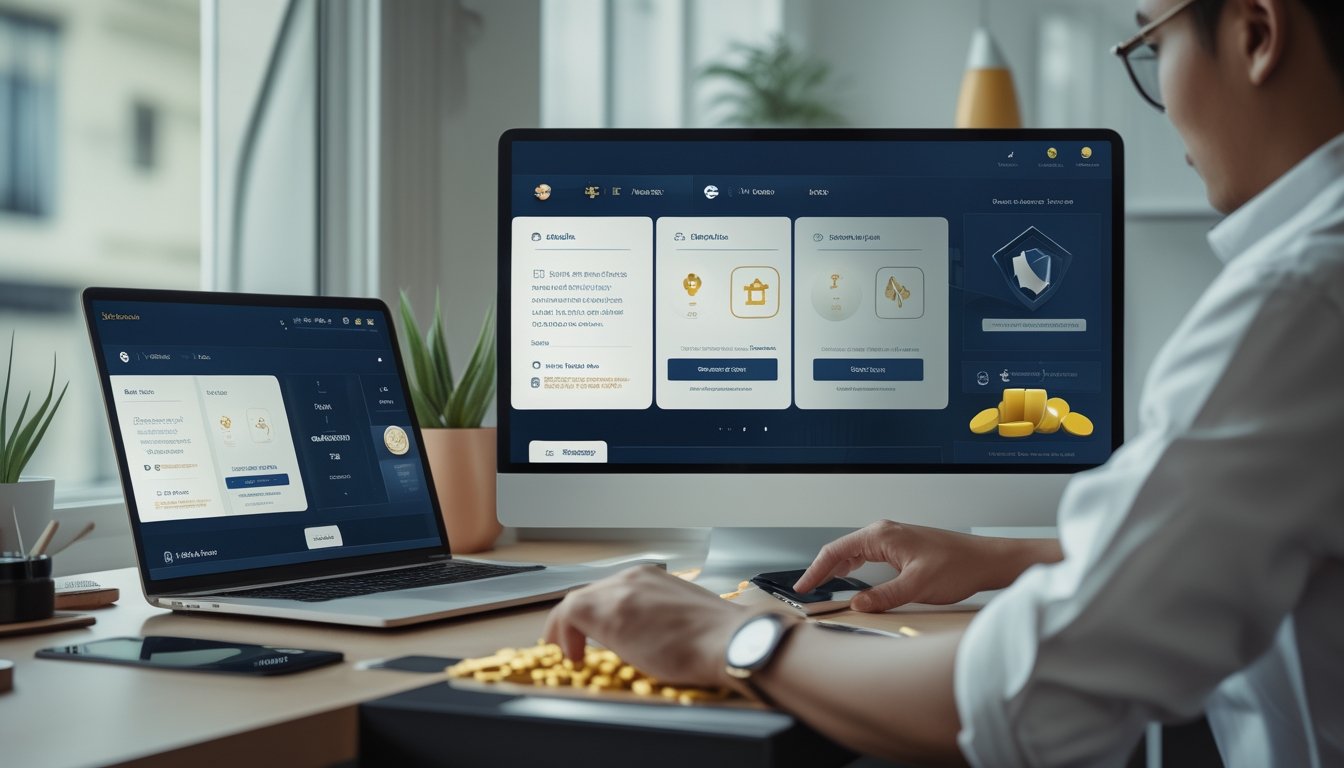 Pengguna dewasa memeriksa platform permainan kartu online yang aman melalui laptop dan ponsel di ruang kerja modern.