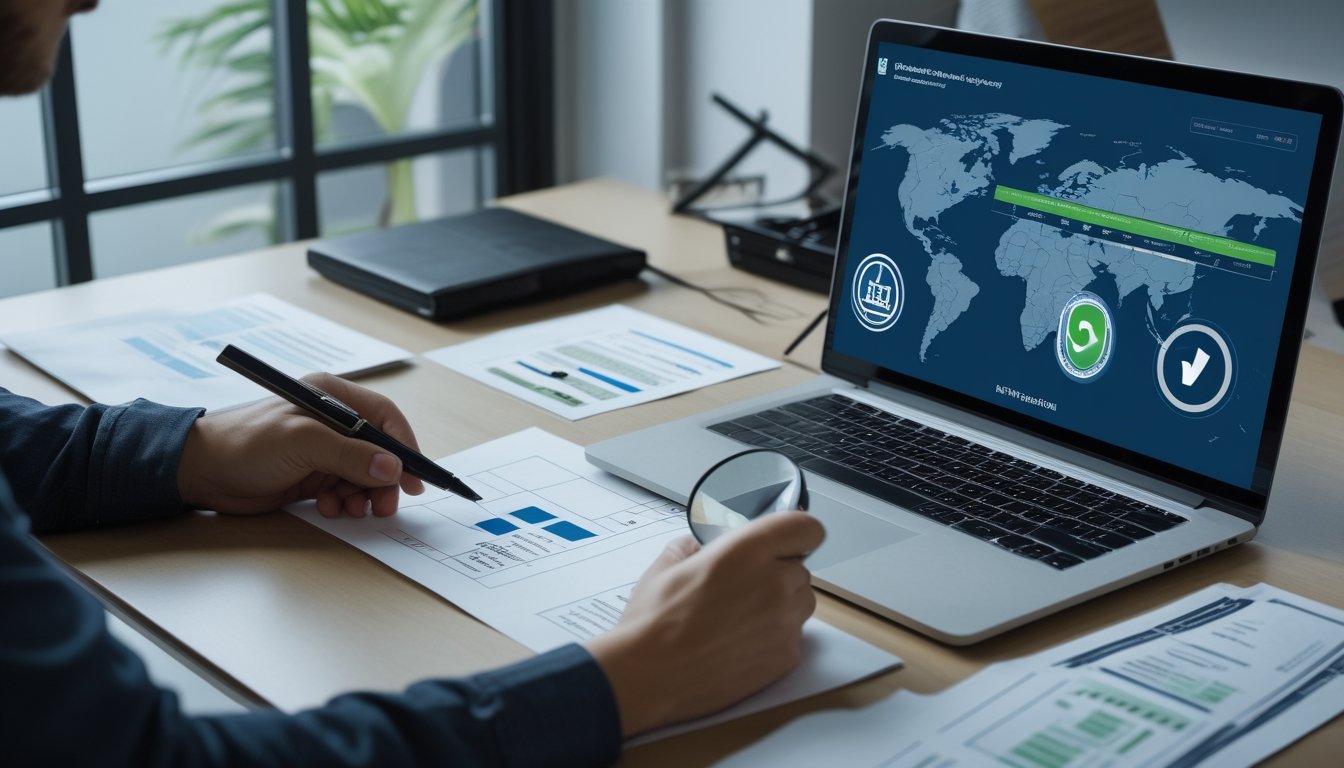 Seseorang memeriksa dokumen dan dasbor verifikasi platform digital di meja kerja dengan simbol keamanan dan globe.