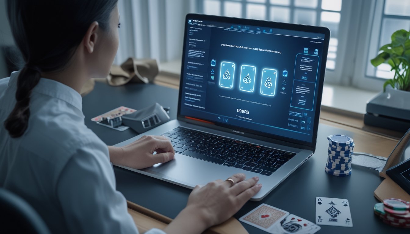 Orang dewasa melihat antarmuka permainan kartu digital abstrak di laptop dan ponsel di meja kerja modern.