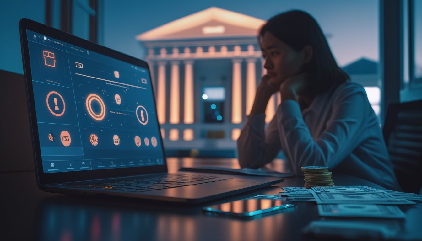 Seseorang tampak khawatir di dekat laptop dan ponsel dengan simbol risiko perjudian daring serta latar gedung pemerintahan yang samar.