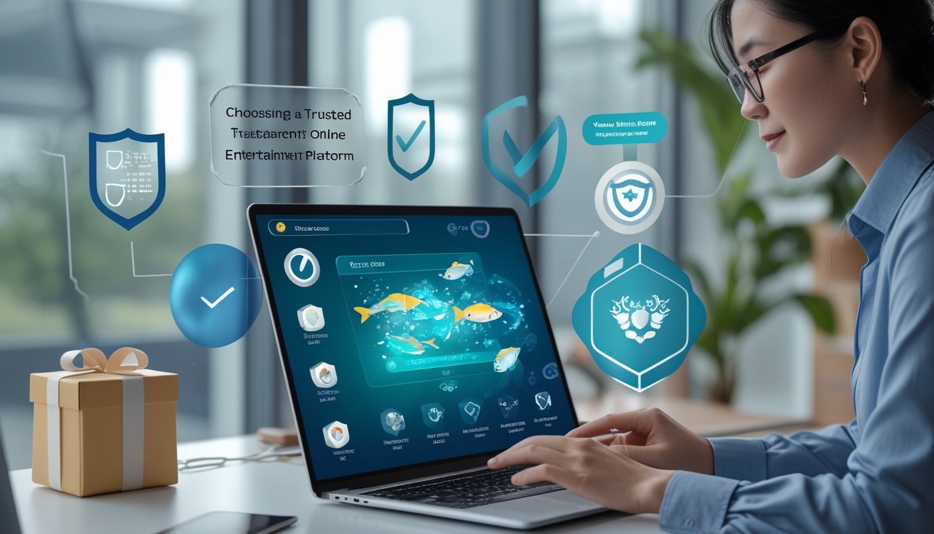 Seorang profesional membandingkan beberapa pilihan platform digital di laptop dan tablet dengan simbol keamanan dan hadiah.