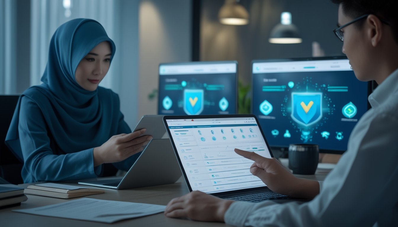 Profesional meninjau keamanan dan verifikasi platform permainan online di ruang kerja modern.