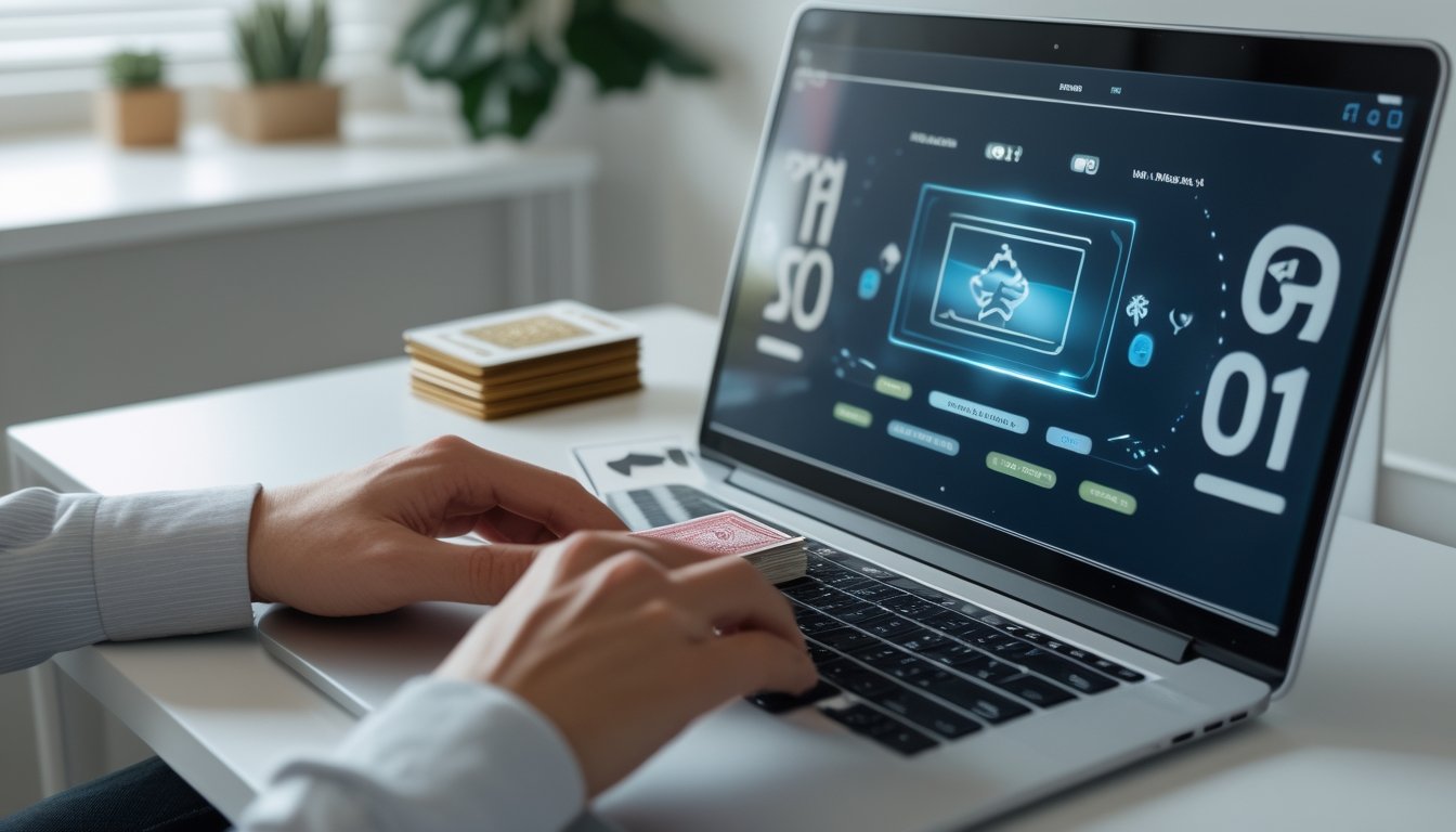 Seseorang menggunakan laptop dan ponsel untuk mengakses permainan kartu digital di ruang kerja modern.
