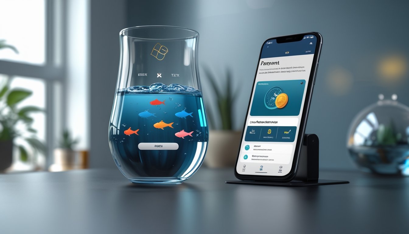 Ponsel menampilkan antarmuka bertema ikan di samping akuarium kecil dan perangkat pembayaran digital.