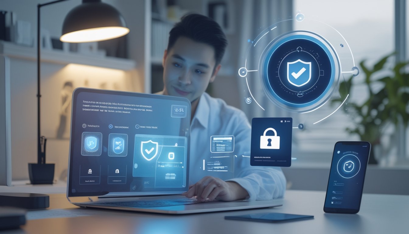 Seseorang memeriksa platform permainan online di laptop dengan simbol perisai dan kunci keamanan.