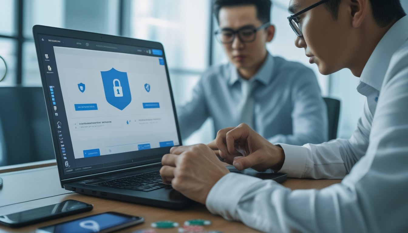 Orang dewasa meninjau keamanan platform daring di laptop dengan simbol perisai dan gembok di ruang kerja modern.