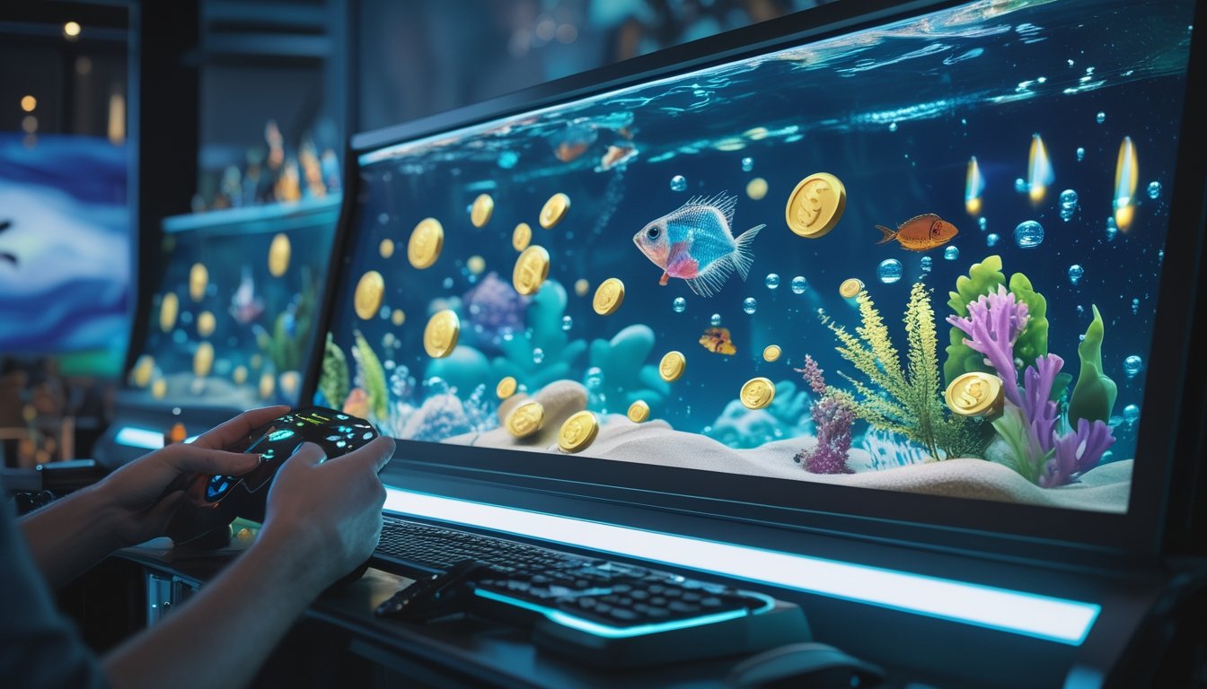 Tampilan permainan memancing ikan digital dengan akuarium bercahaya dan tangan pemain memegang pengendali.