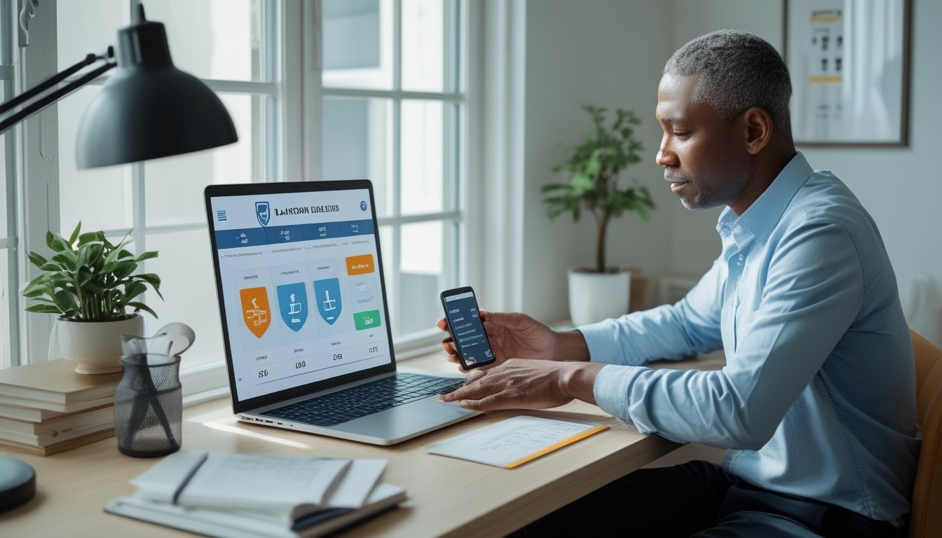 Seorang profesional membandingkan platform lotere daring melalui laptop dan ponsel di meja kerja modern.