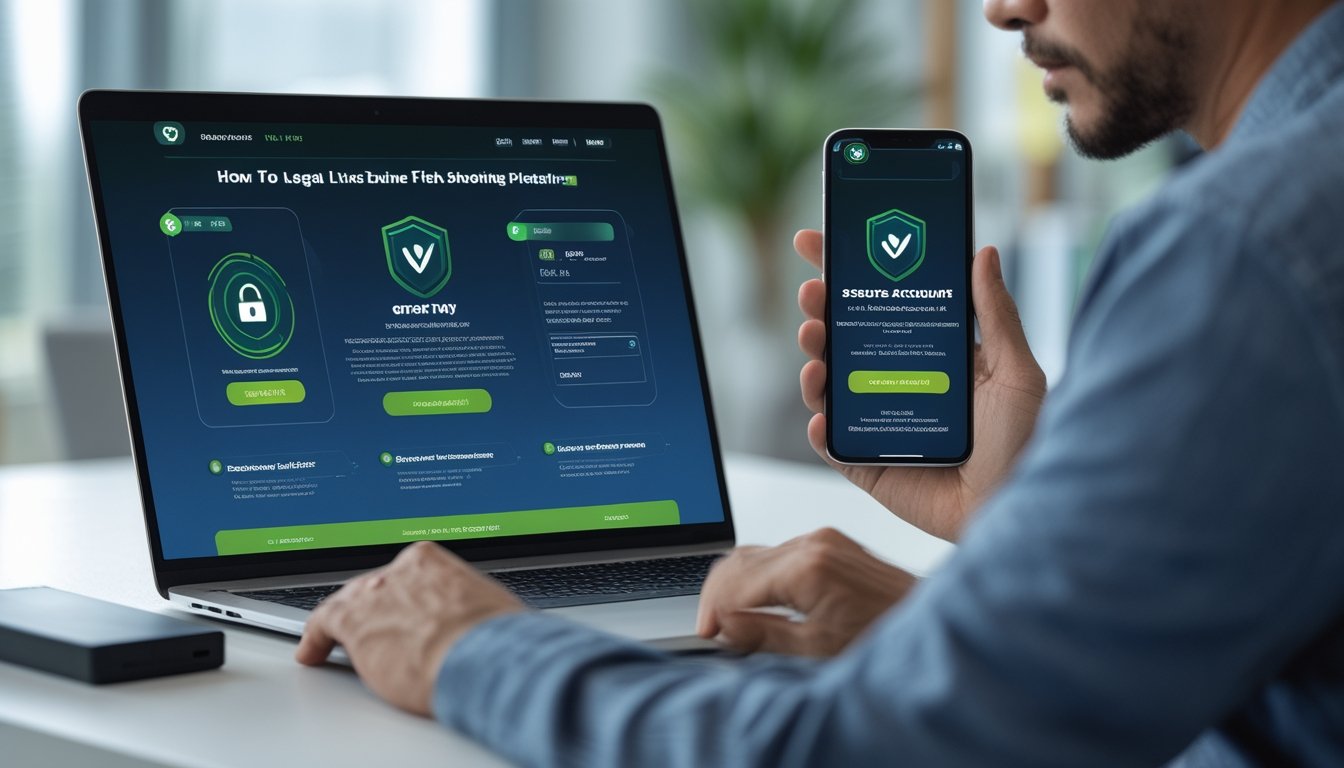 Orang dewasa memeriksa platform permainan digital yang tampak aman di laptop dengan simbol perisai dan gembok.