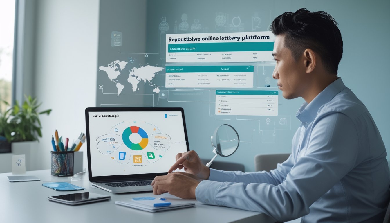 Seseorang membandingkan berbagai platform lotre online melalui laptop di ruang kerja modern.
