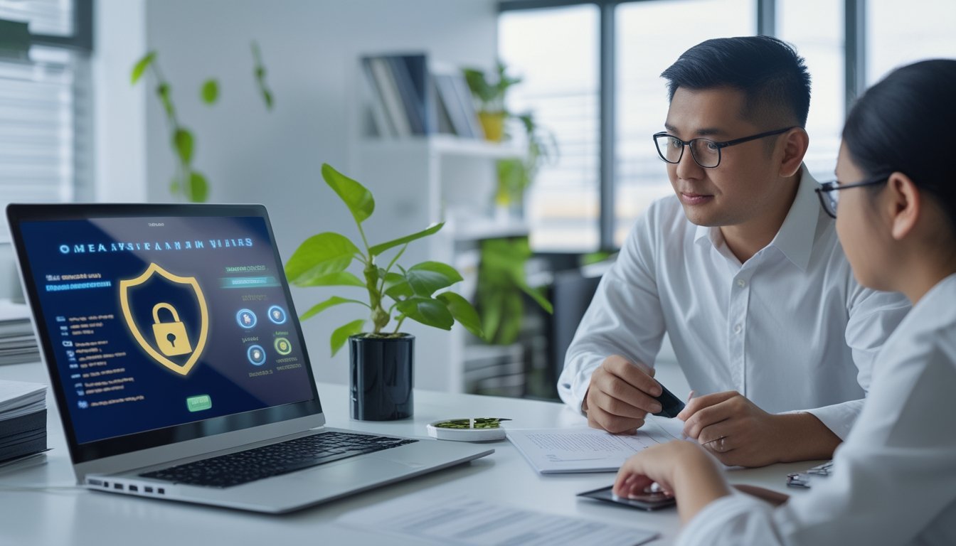 Dua orang dewasa memeriksa keamanan dan legalitas platform digital di kantor modern dengan simbol perlindungan data.