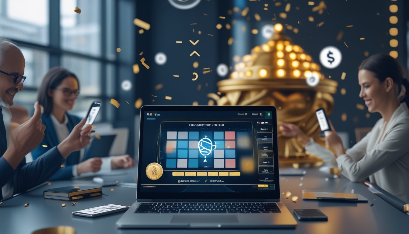 Orang dewasa menggunakan laptop dan ponsel dalam suasana platform hadiah digital dengan dekorasi emas dan konfeti.