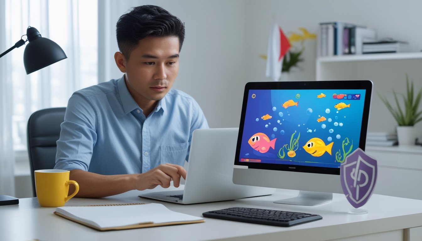 Seorang pengulas Indonesia membandingkan tampilan permainan ikan digital di laptop dan ponsel dari meja kerja yang rapi.