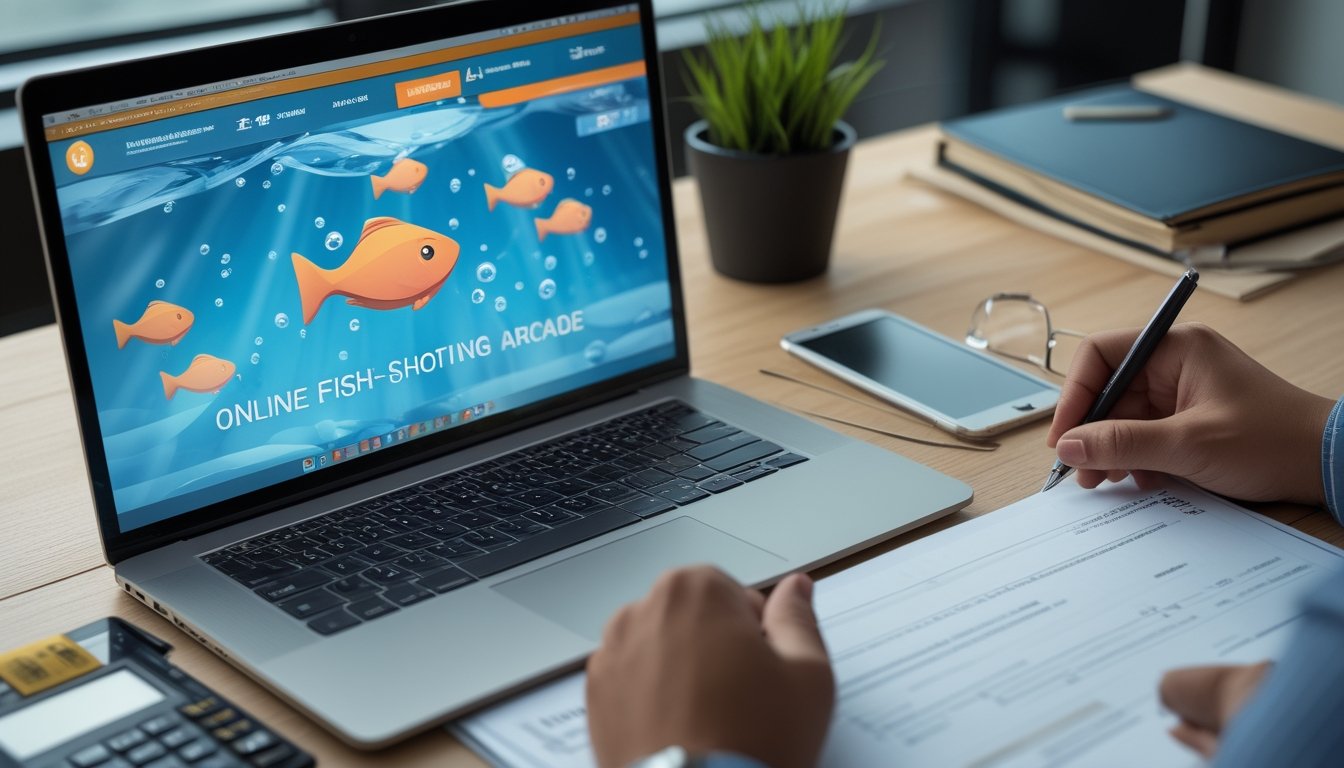 Seorang analis memeriksa laptop berisi permainan ikan digital bersama dokumen dan perlengkapan verifikasi di meja kerja.