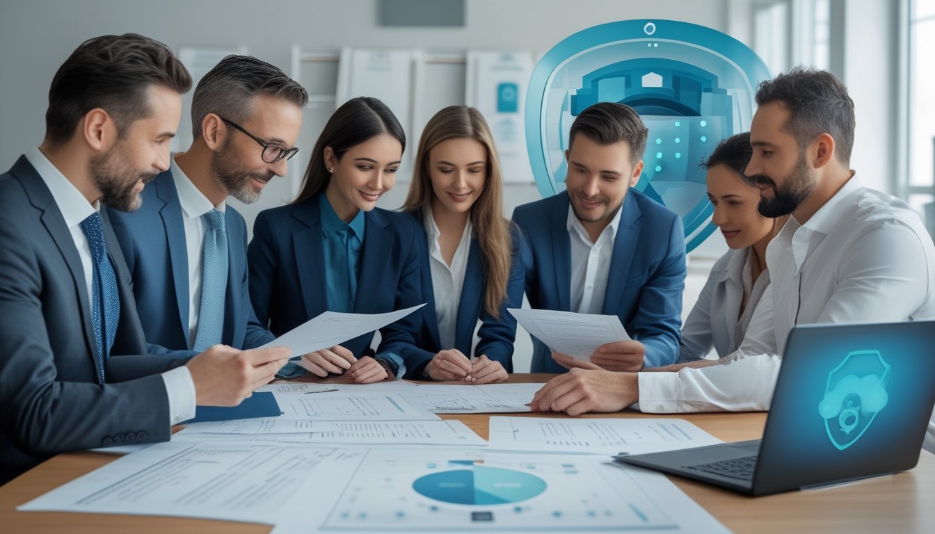 Tim profesional memeriksa dokumen lisensi dan keamanan digital di kantor.