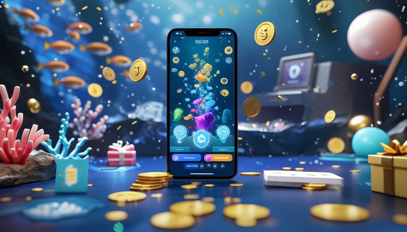 Ponsel menampilkan permainan menembak ikan dengan simbol pembayaran digital, koin bonus, dan hadiah di sekitarnya.