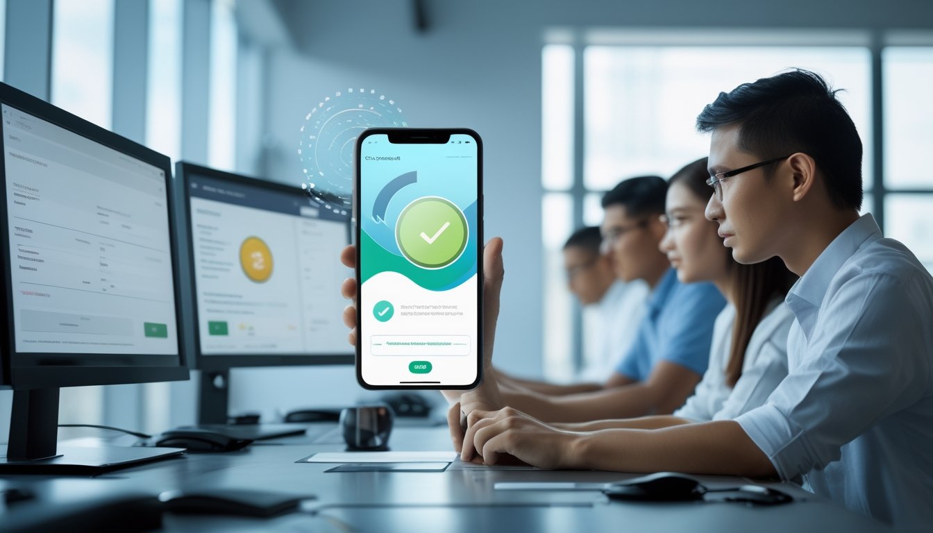 Tim keamanan digital memeriksa transaksi dompet elektronik yang terlindungi di lingkungan kantor modern.