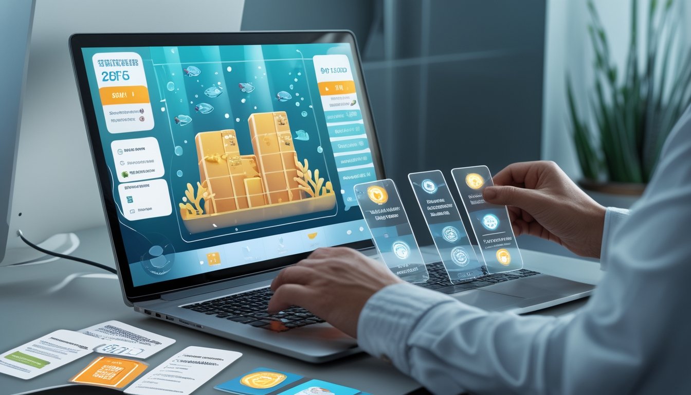 Seseorang memeriksa platform permainan ikan di laptop sambil membandingkan ikon keamanan, dukungan pelanggan, dan perlindungan akun.