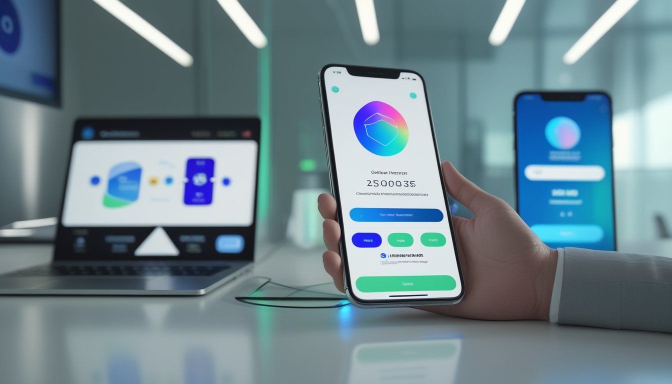 Ponsel menampilkan antarmuka pembayaran digital abstrak di atas meja kerja modern.
