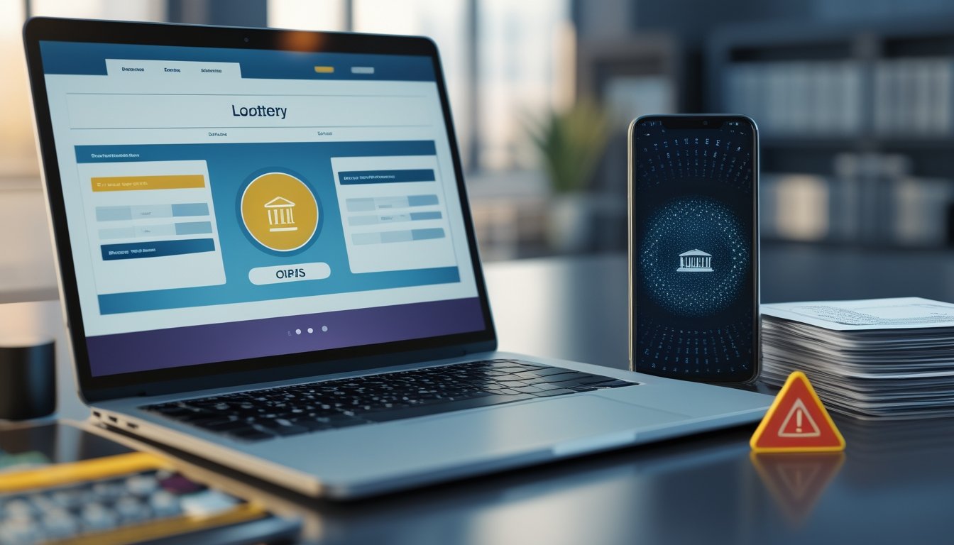 Laptop dan ponsel dengan pembayaran digital berada di samping dokumen hukum, simbol keadilan, dan tanda peringatan di atas meja.