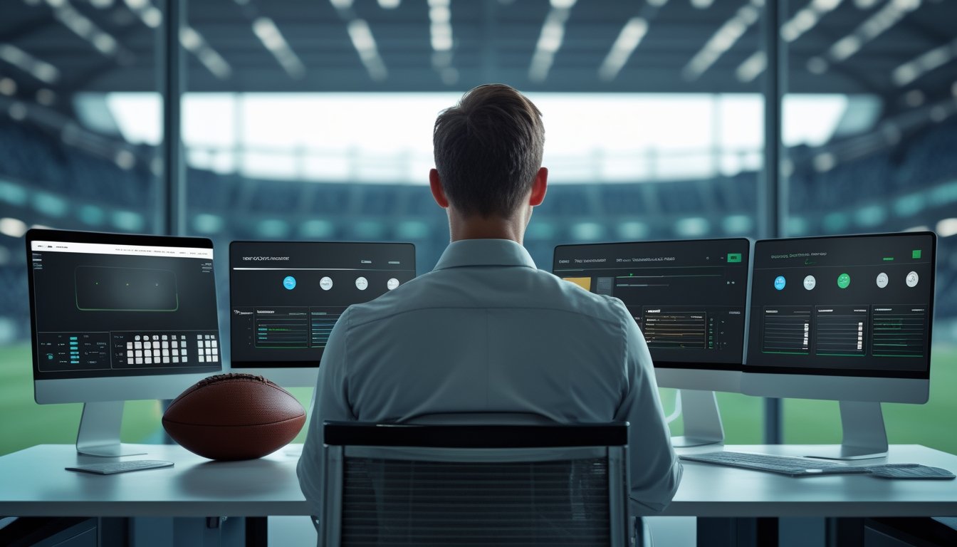 Analis olahraga memilih penyedia layanan terbaik di ruang kerja digital dengan latar stadion sepak bola.