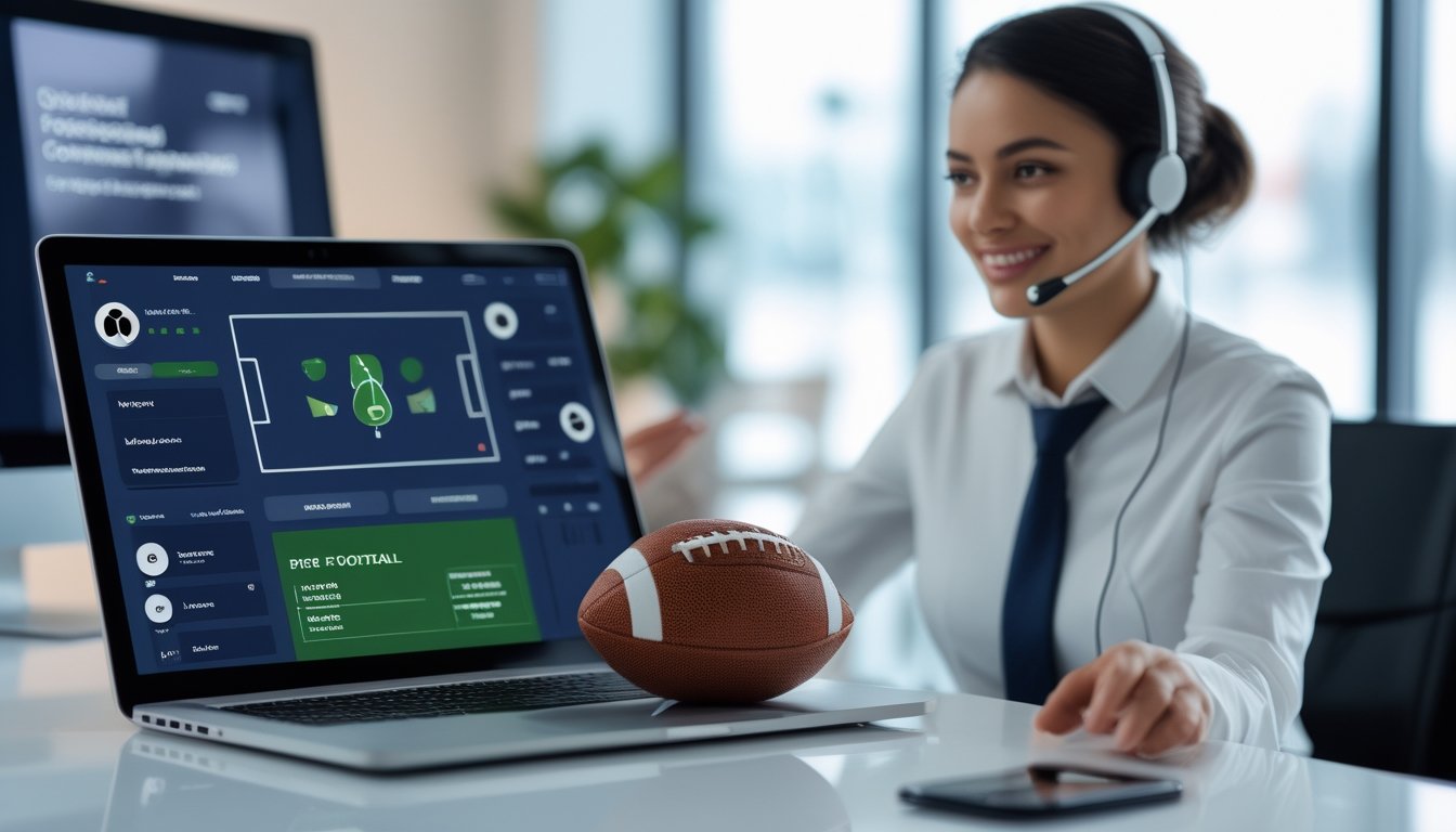 Seorang petugas layanan pelanggan mengenakan headset di dekat laptop, ponsel, dan bola sepak di ruang kerja modern.