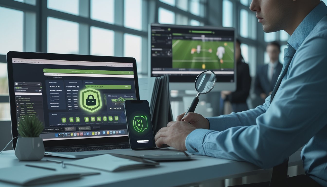 Analis keamanan meninjau laptop dan ponsel dengan simbol perlindungan dalam suasana kantor modern.