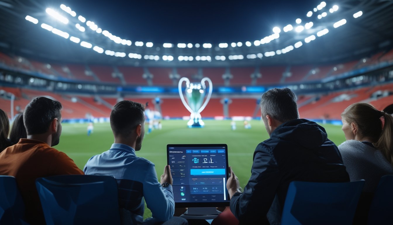 Penggemar sepak bola dewasa menganalisis pertandingan di perangkat digital di stadion yang diterangi lampu sorot.