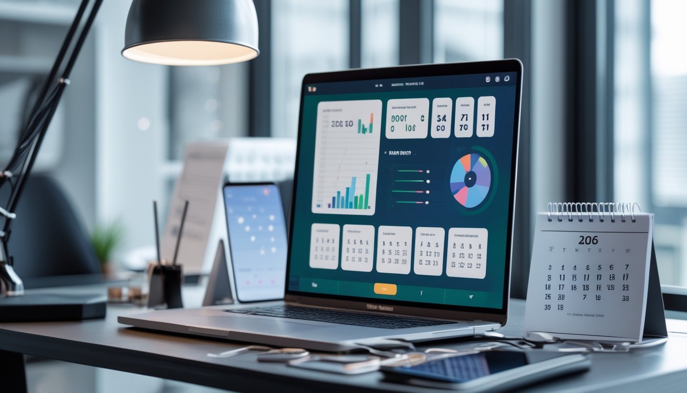 Laptop dan ponsel menampilkan grafik angka abstrak di meja kerja modern.