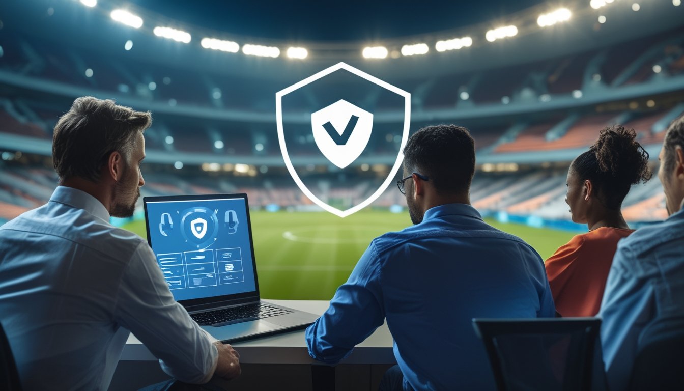 Analis dan profesional teknologi memeriksa platform olahraga digital yang dilindungi simbol perisai di stadion sepak bola.