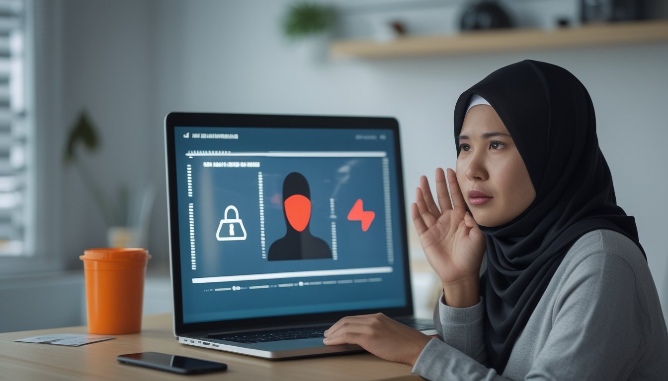Seorang pemain Indonesia tampak waspada saat memeriksa laptop dengan tanda peringatan penipuan digital.